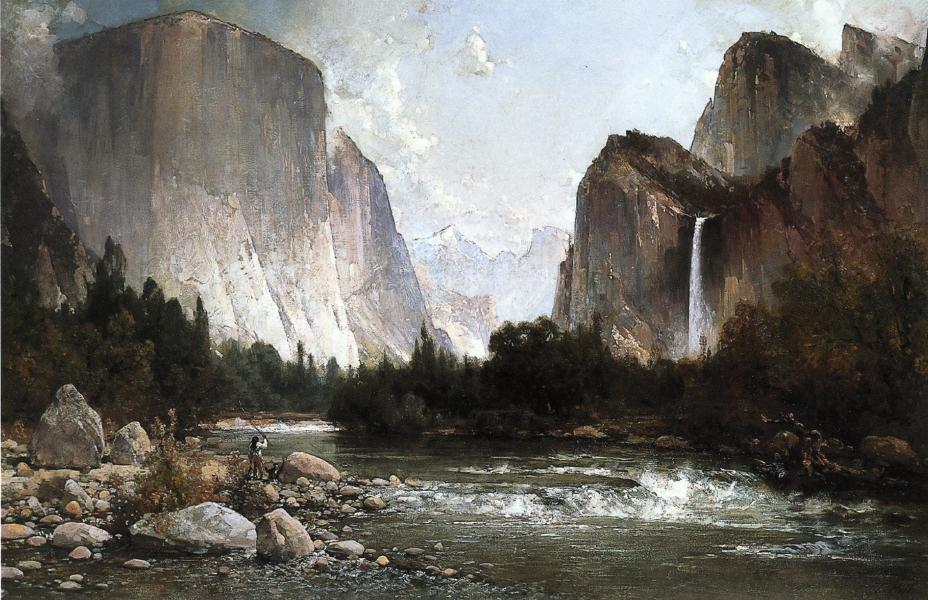 Piute Fishing on the Merced River, Yosemite Valley, vintage artwork by Thomas Hill, 12x8" (A4) Poster