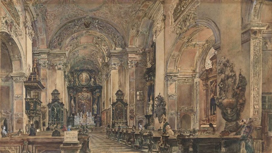 Innenansicht der Schottenkirche in Wien, vintage artwork by Rudolf von Alt, A3 (16x12") Poster Print
