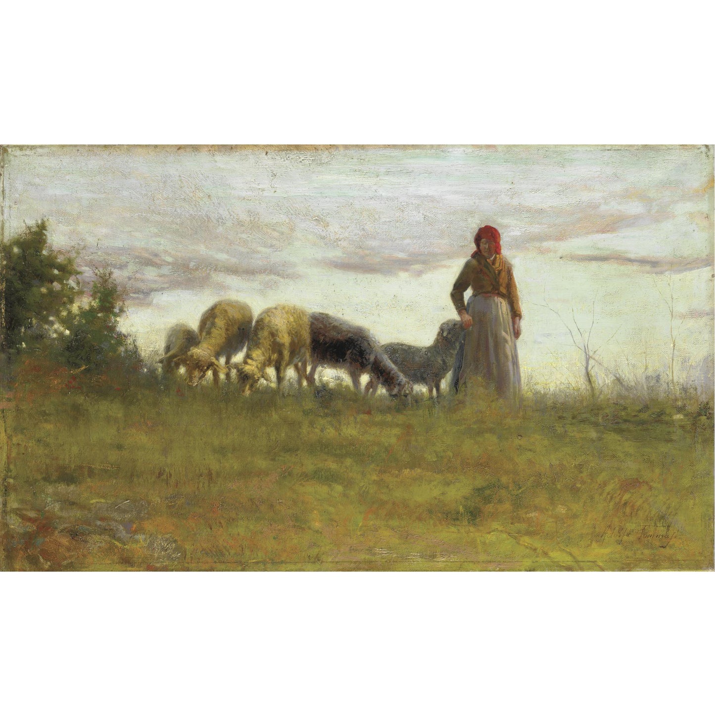 Sheep Grazing, vintage artwork by Adolfo Tommasi, 12x8" (A4) Poster