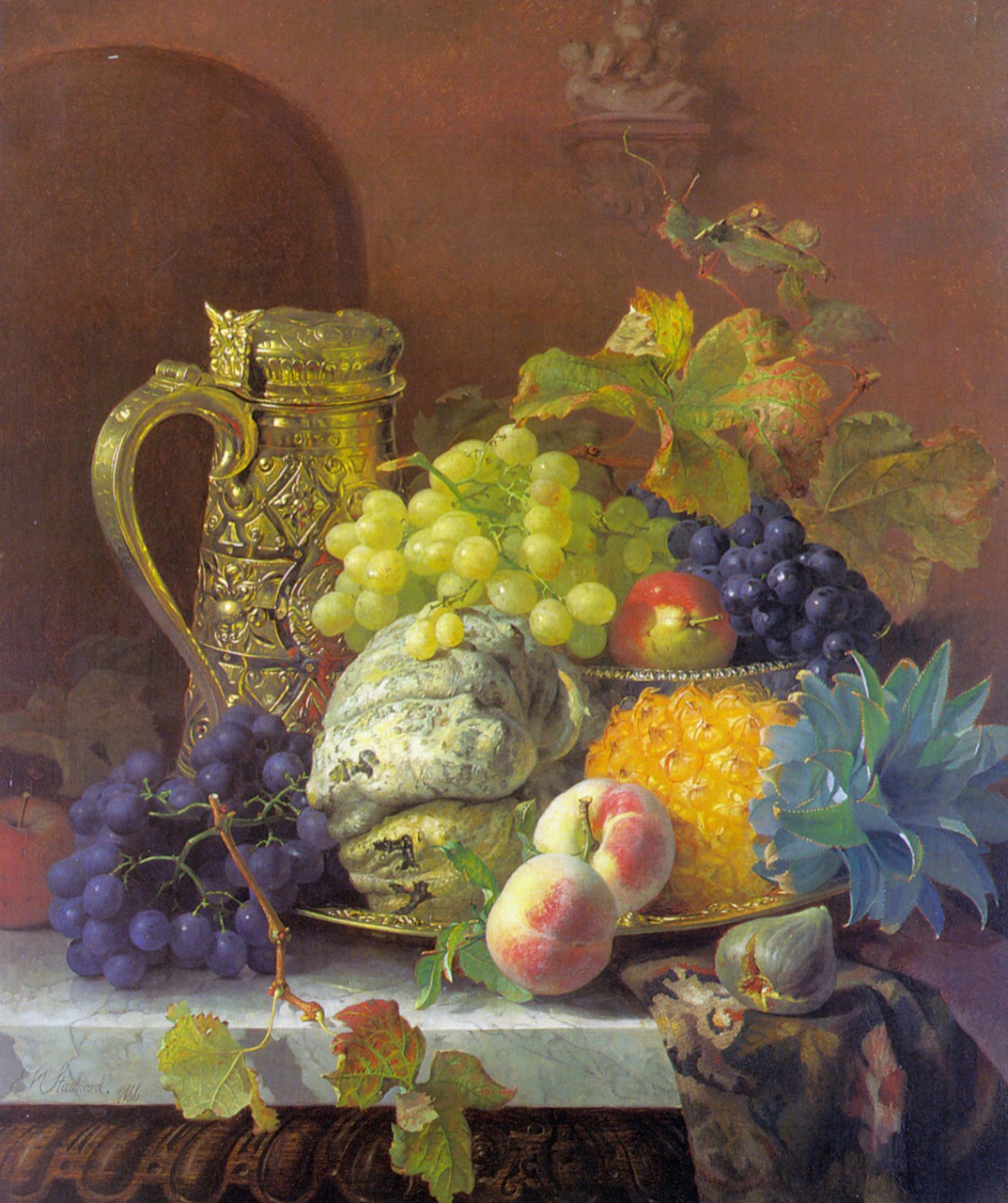 Fruits on a tray with a silver flagon on a marble ledge, vintage artwork by Eloise Harriet Stannard, 12x8" (A4) Poster