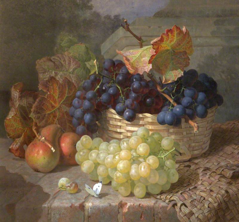 Still Life with Grapes in and beside a Basket, vintage artwork by Eloise Harriet Stannard, 12x8" (A4) Poster