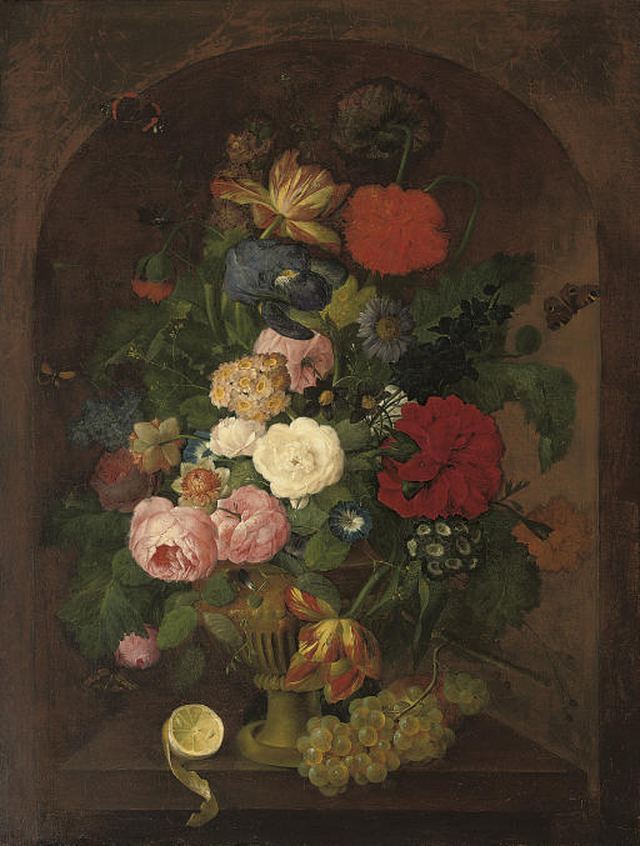 Roses, poppies, tulips, primula, convolvulus and other flowers in an urn, with a lemon and grapes, vintage artwork by Franz Xavier Petter, A3 (16x12") Poster Print