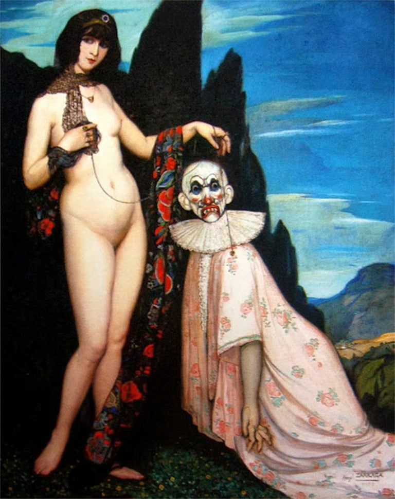 Woman with a Clown, vintage artwork by Angel Zarraga, 12x8" (A4) Poster