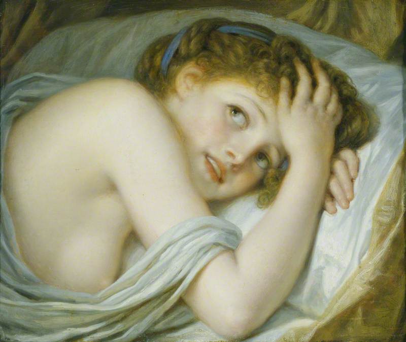 Girl Lying in Bed, vintage artwork by Jean-Baptiste Greuze, 12x8" (A4) Poster
