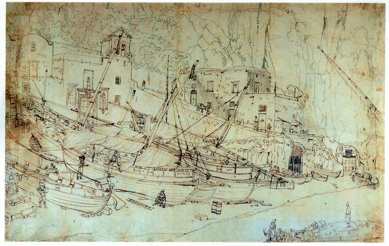 View of the Small Marina at Sorrento, vintage artwork by Jakob Philipp Hackert, 12x8" (A4) Poster