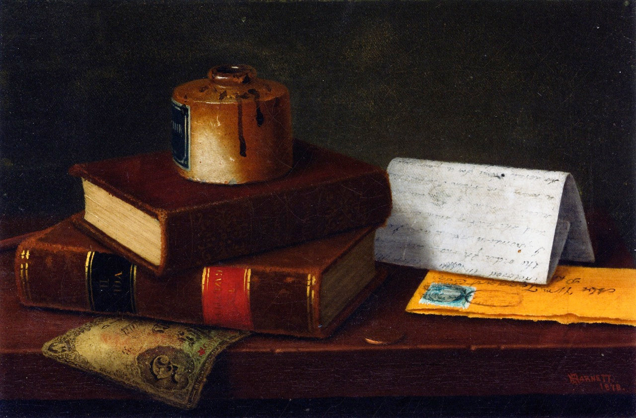 Still Life with Letter to Mr. William Taggart, Esq., vintage artwork by William Michael Harnett, 12x8" (A4) Poster