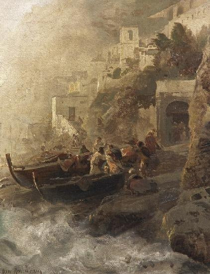 Homing Fishermen with their Boats at the Amalfi Coast, vintage artwork by Oswald Achenbach, 12x8" (A4) Poster