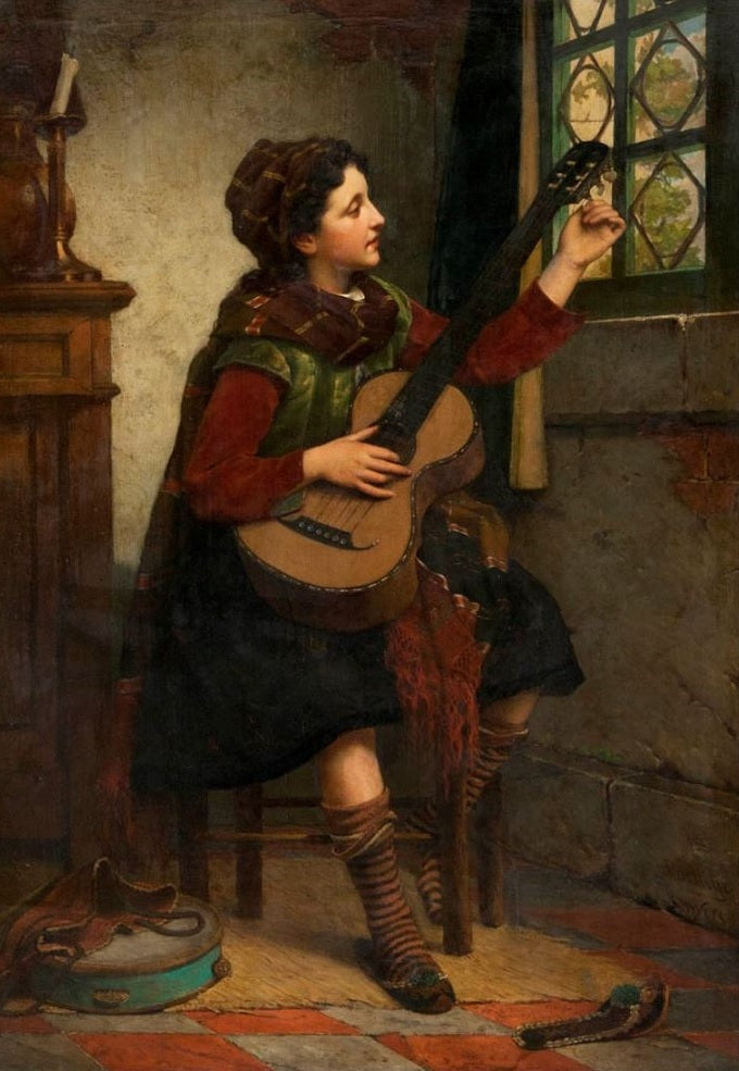 Girl tuning her guitar near the window, vintage artwork by Jan Frederik Pieter Portielje, 12x8" (A4) Poster