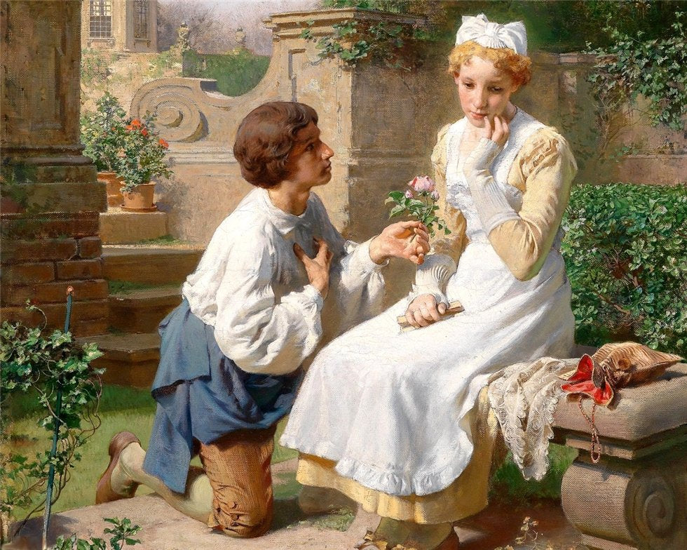 Romantic Scene In The Garden Of Belvedere, vintage artwork by Julius Victor Berger, 12x8" (A4) Poster