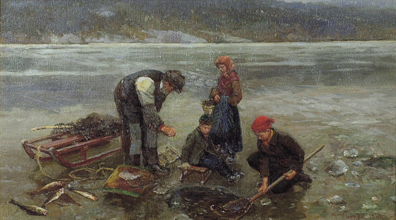 Ice Fishing, vintage artwork by Jahn Ekenæs, 12x8" (A4) Poster