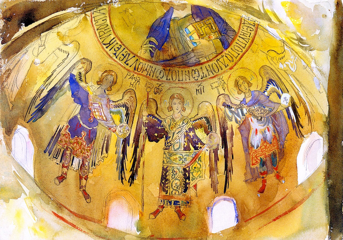 Angels, Mosaic, Palatine Chapel, Palermo, vintage artwork by John Singer Sargent, 12x8" (A4) Poster