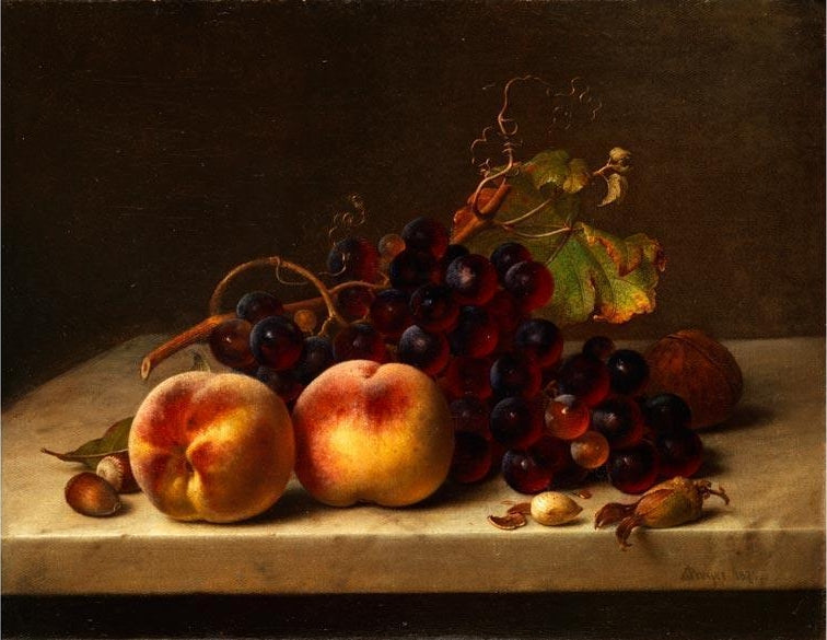 Still-life with Peaches, Grapes and Nuts, vintage artwork by Johann Wilhelm Preyer, A3 (16x12") Poster Print