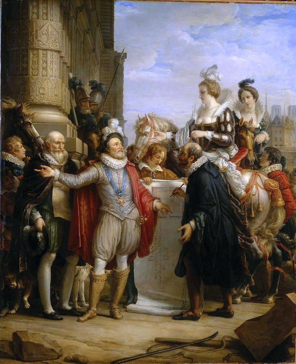 Henri IV Visiting the Construction Site of the Louvre, vintage artwork by Étienne-Barthelemy Garnier, 12x8" (A4) Poster