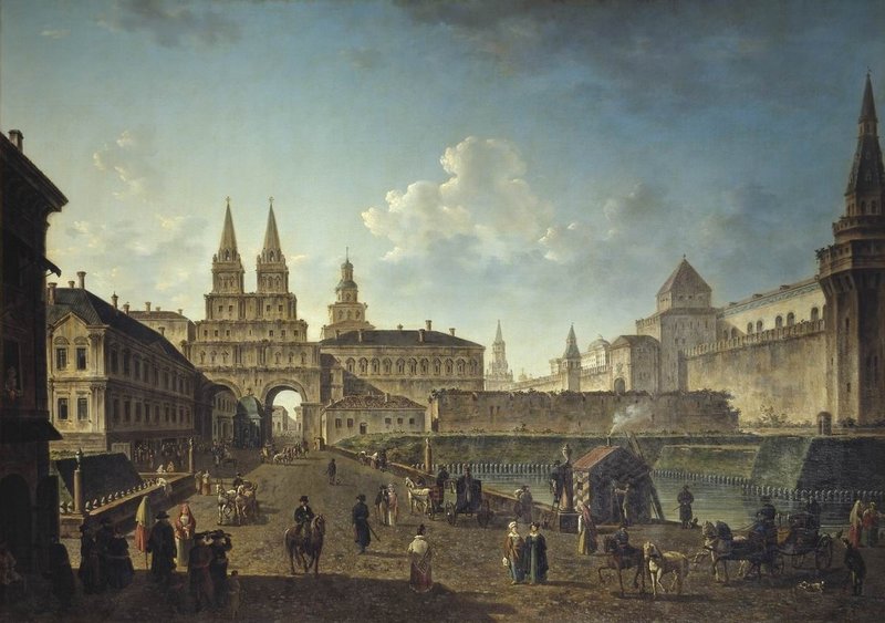 View of the Voskresenskie and Nikolskie Gate and Neglinniy Brige from Tverskaia Street in Moscow, vintage artwork by Fedor Yakovlevich Alekseev, 12x8" (A4) Poster