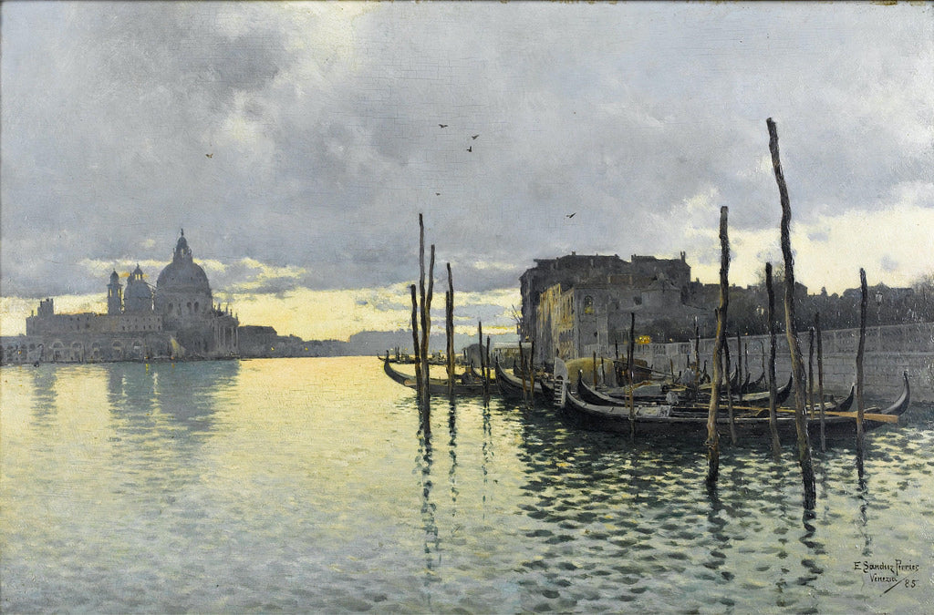 Evening, Looking Towards the Grand Canal with Santa Maria dells Salute in the Distance, vintage artwork by Emilio Sanchez-Perrier, 12x8" (A4) Poster