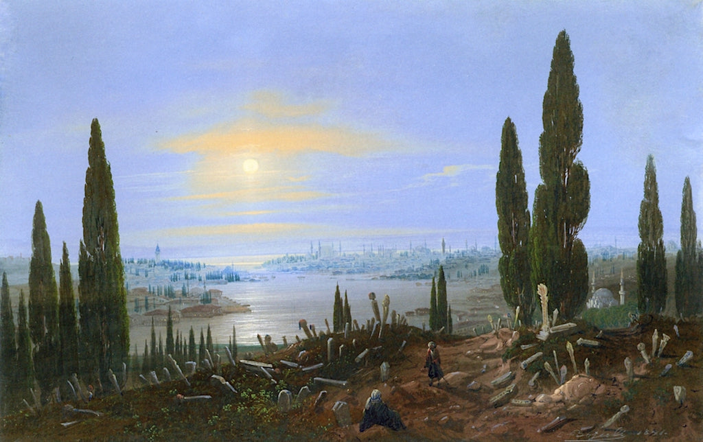 A View of Constantinople and the Golden Horn from Eyüp by Moonlight, vintage artwork by Carlo Bossoli, A3 (16x12") Poster Print