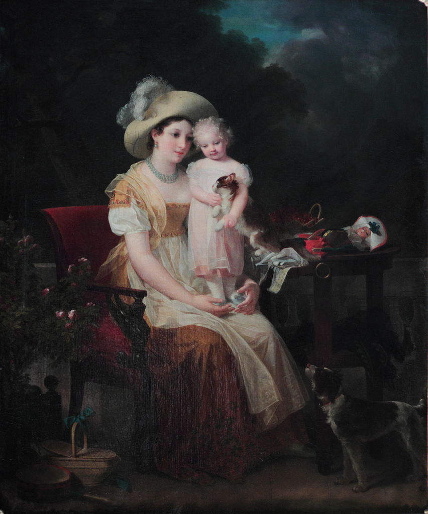 Une femme assise tenant une jeune fille sur ses genoux, vintage artwork by Marguerite Gerard, 12x8" (A4) Poster