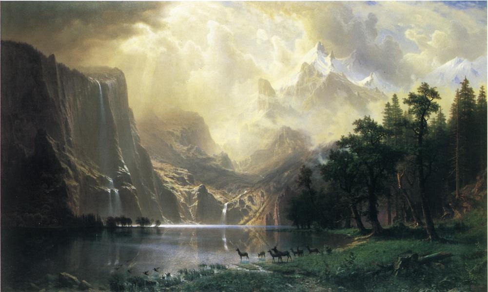 Among the Siera Nevada Mountains, California, vintage artwork by Albert Bierstadt, 12x8" (A4) Poster