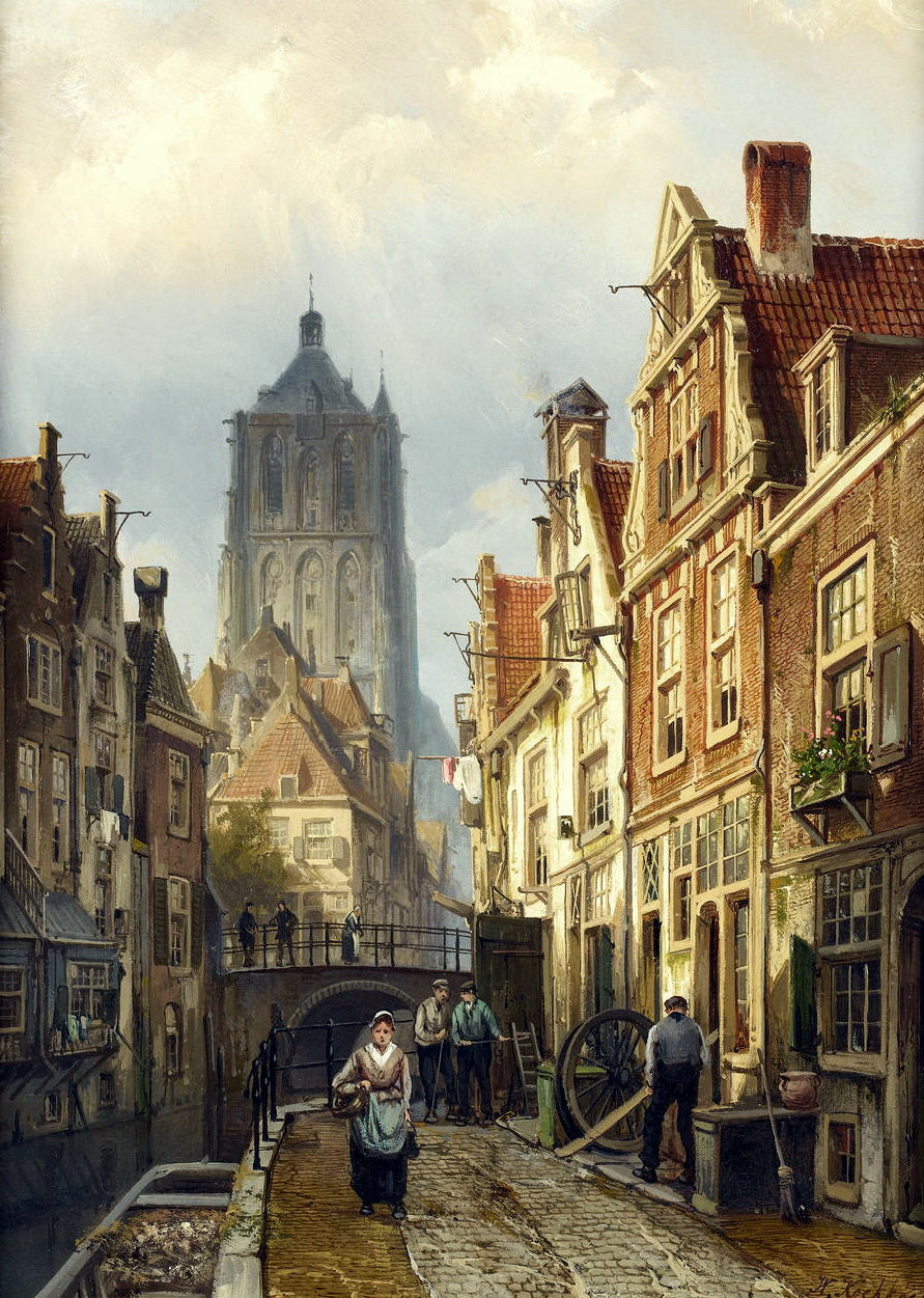 Dutch street scene by a canal, vintage artwork by Willem Koekkoek, 12x8" (A4) Poster