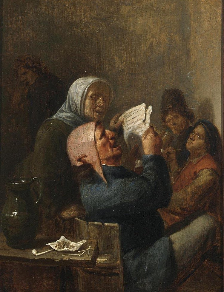 A man and a woman singing in an inn, vintage artwork by Joos van Craesbeeck, 12x8" (A4) Poster