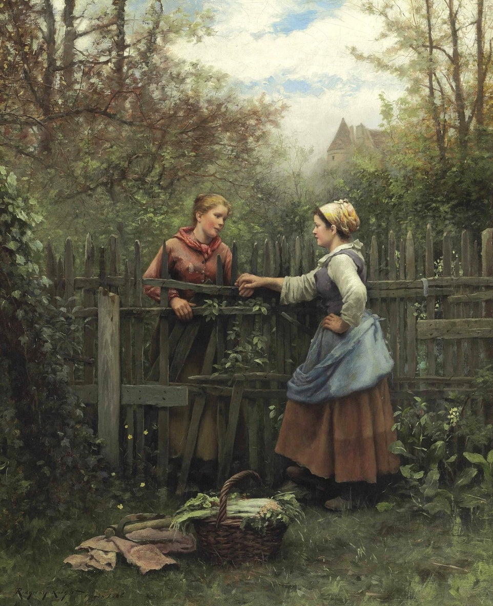 The Meeting at the Fence, vintage artwork by Daniel Ridgway Knight, 12x8" (A4) Poster