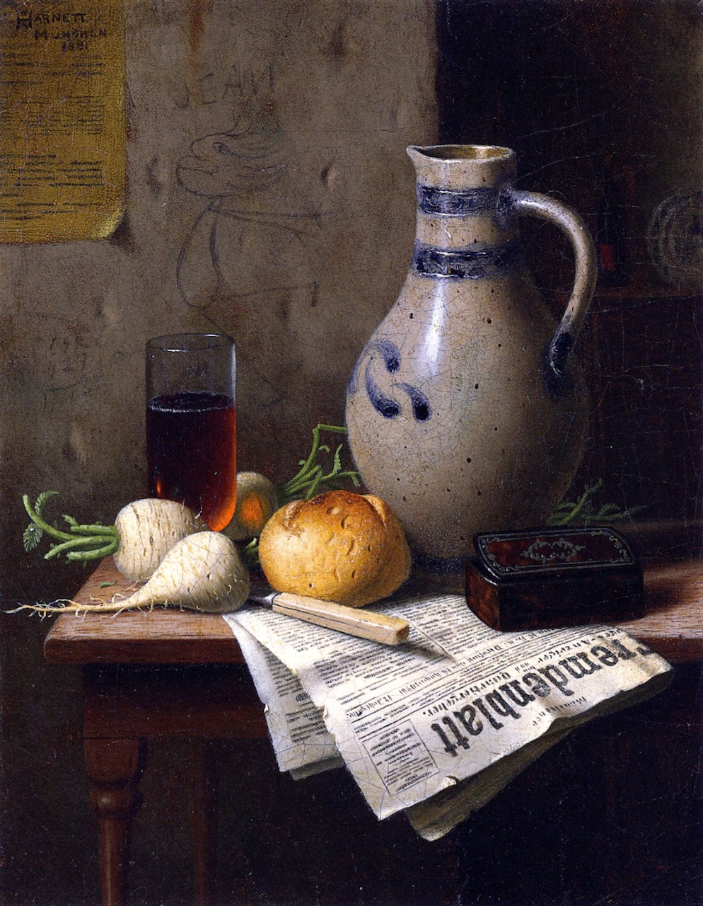 Still Life with Jug and Newspaper, vintage artwork by William Michael Harnett, 12x8" (A4) Poster