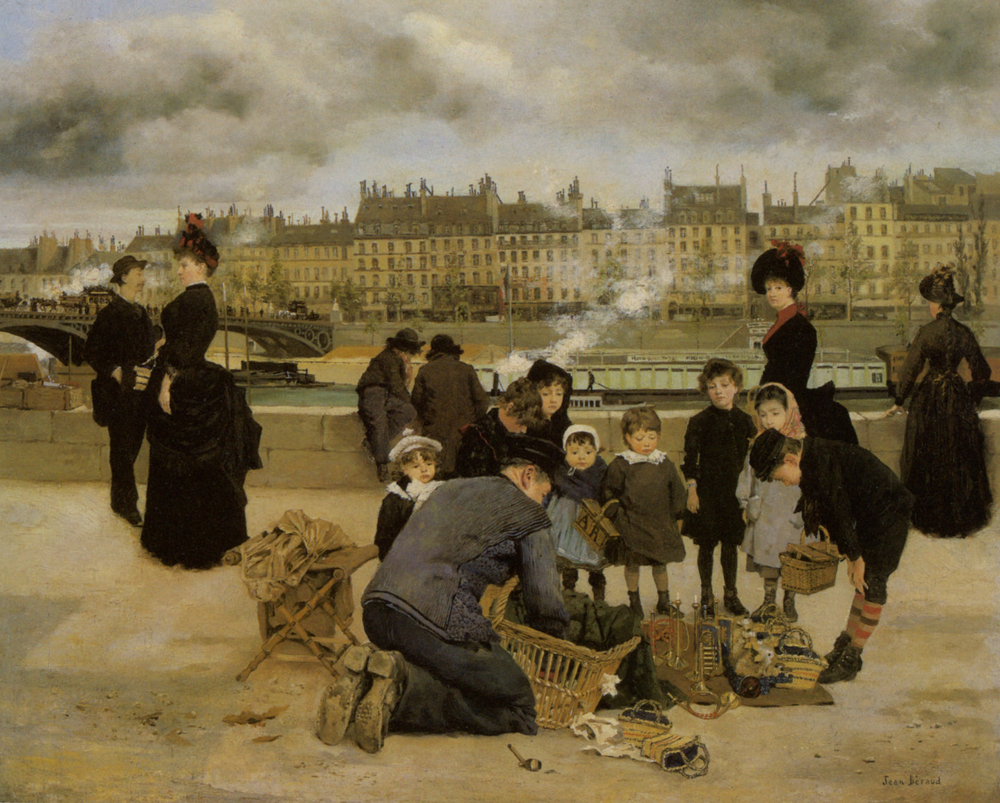 Children With a Toy Seller on the Quai du Louvre, vintage artwork by Jean-Georges Beraud, 12x8" (A4) Poster