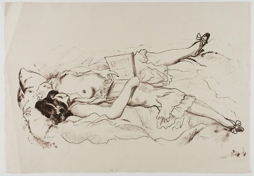 Girl with Book, vintage artwork by Emil Ganso, 12x8" (A4) Poster