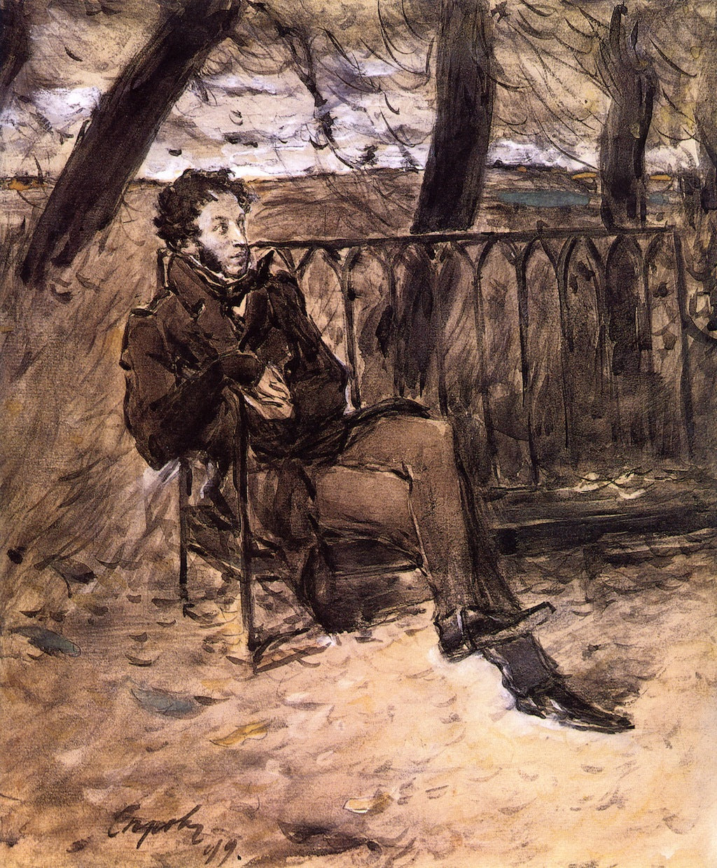 Alexander Pushkin on a Park Bench, vintage artwork by Valentin Serov, 12x8" (A4) Poster