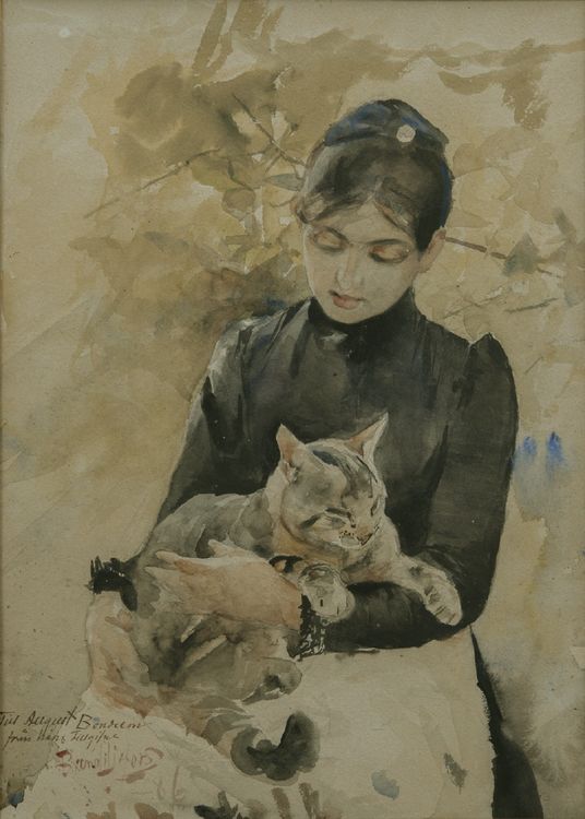 Seated Woman with Cat, vintage artwork by Bruno Liljefors, 12x8" (A4) Poster