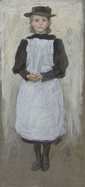 A peasant girl in black dress, vintage artwork by Edwin Austin Abbey, 12x8" (A4) Poster