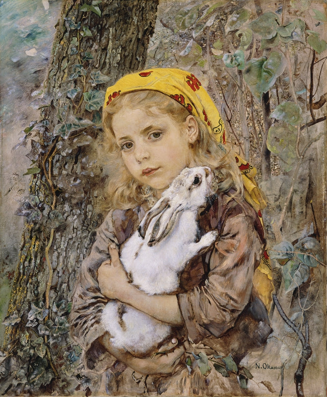 Girl with Rabbit, vintage artwork by Anton Romako, 12x8" (A4) Poster