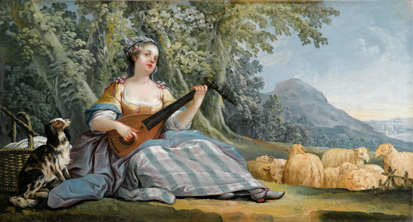 Shepherd girl with lute, vintage artwork by Jean-Baptiste Huet, 12x8" (A4) Poster