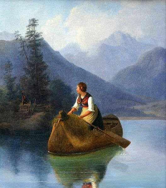 Girl in a Boat with Hay, vintage artwork by August Anton Tischbein, A3 (16x12") Poster Print