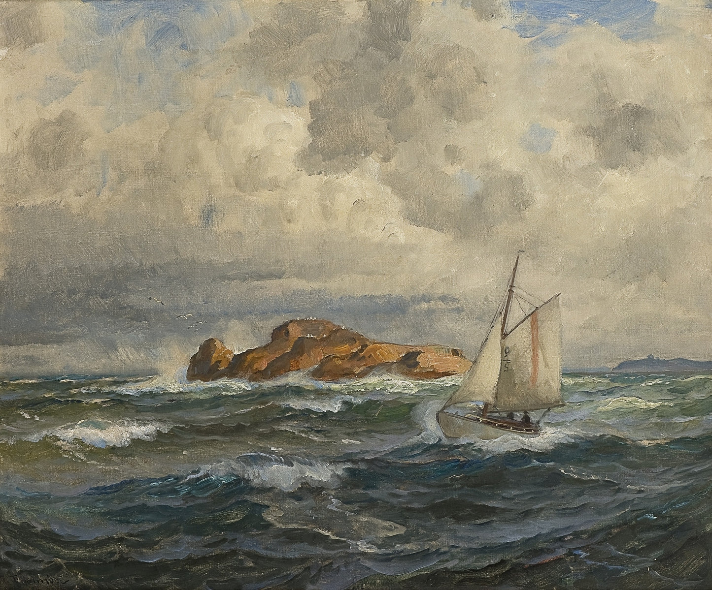 Seascape with Boat, vintage artwork by Thorolf Holmboe, 12x8" (A4) Poster