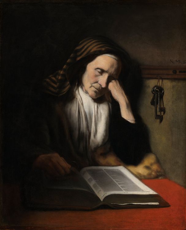 An Old Woman Dozing over a Book, vintage artwork by Nicolaes Maes, 12x8" (A4) Poster