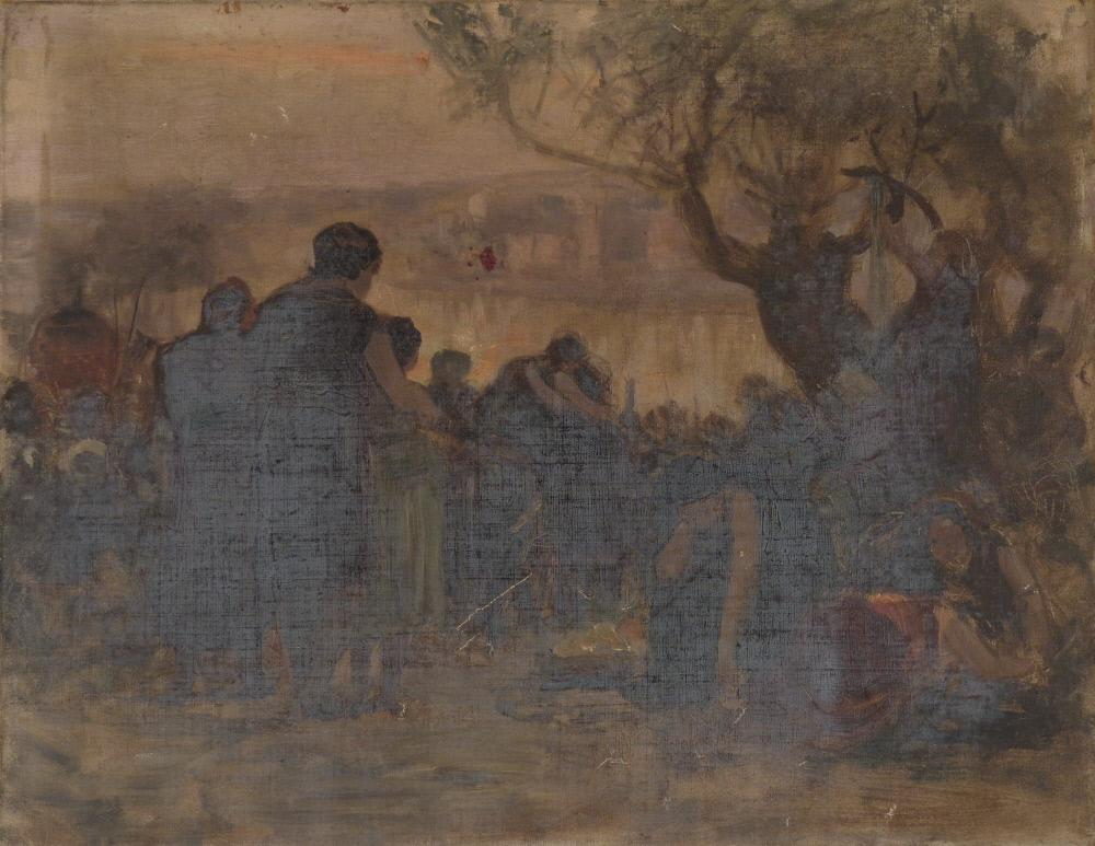 Crowd Gathered on a Riverbank, vintage artwork by Carl Gutherz, 12x8" (A4) Poster
