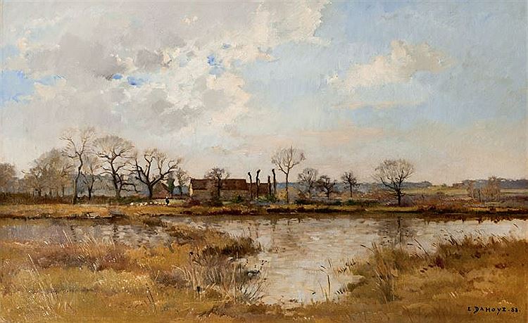 Farm House near Lake, vintage artwork by Pierre-Emmanuel Damoye, 12x8" (A4) Poster