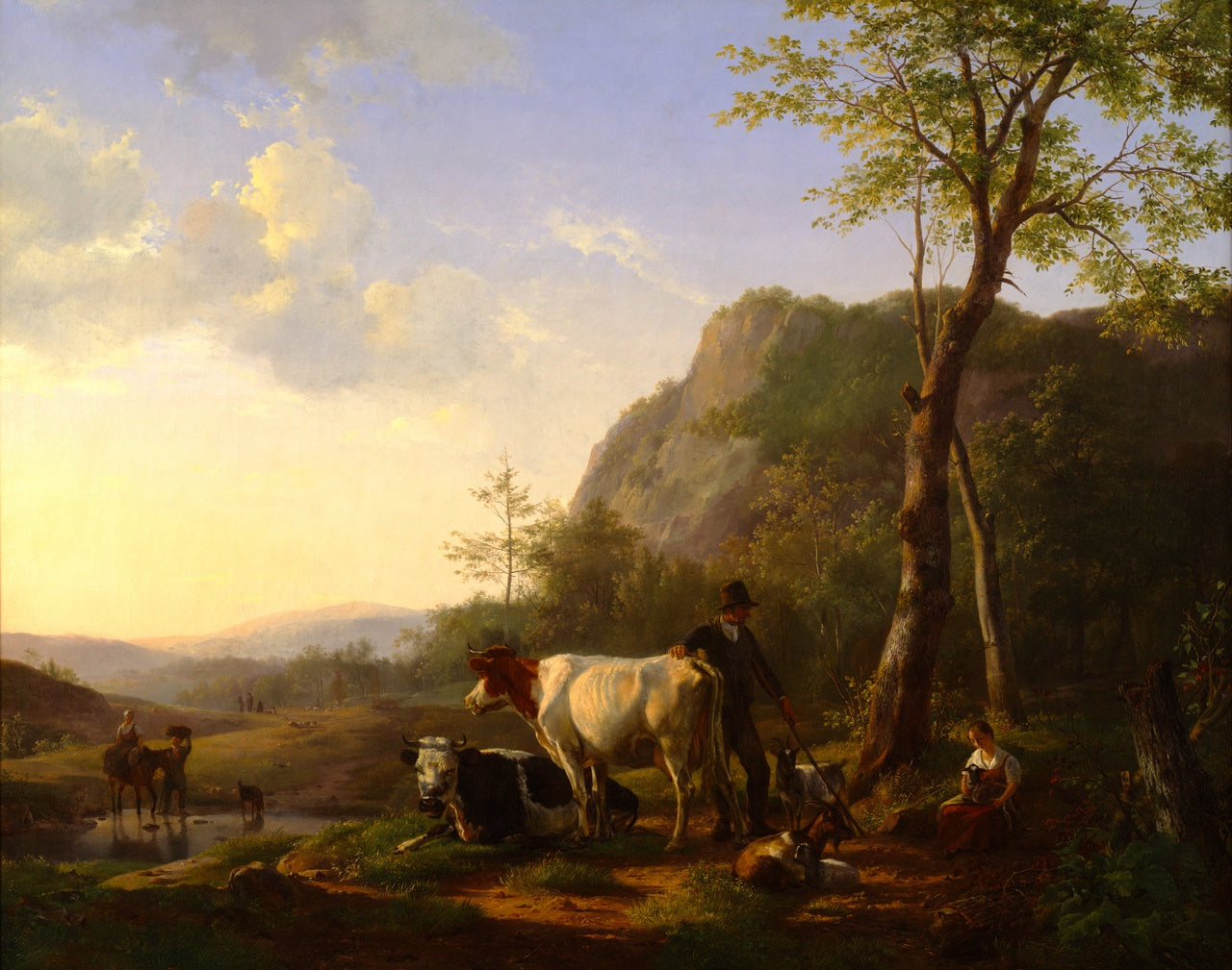 Landscape with Shepherds and Cattle, vintage artwork by Julius Jacobus van de Sande Bakhuyzen, 12x8" (A4) Poster