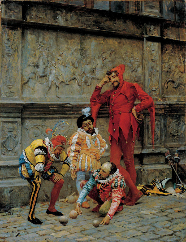 Jesters Playing ‘Cochonnet’, vintage artwork by Eduardo Zamacois y Zabala, 12x8" (A4) Poster