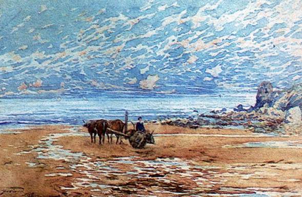 Beach at Bakio, vintage artwork by Adolfo Guiard, 12x8" (A4) Poster