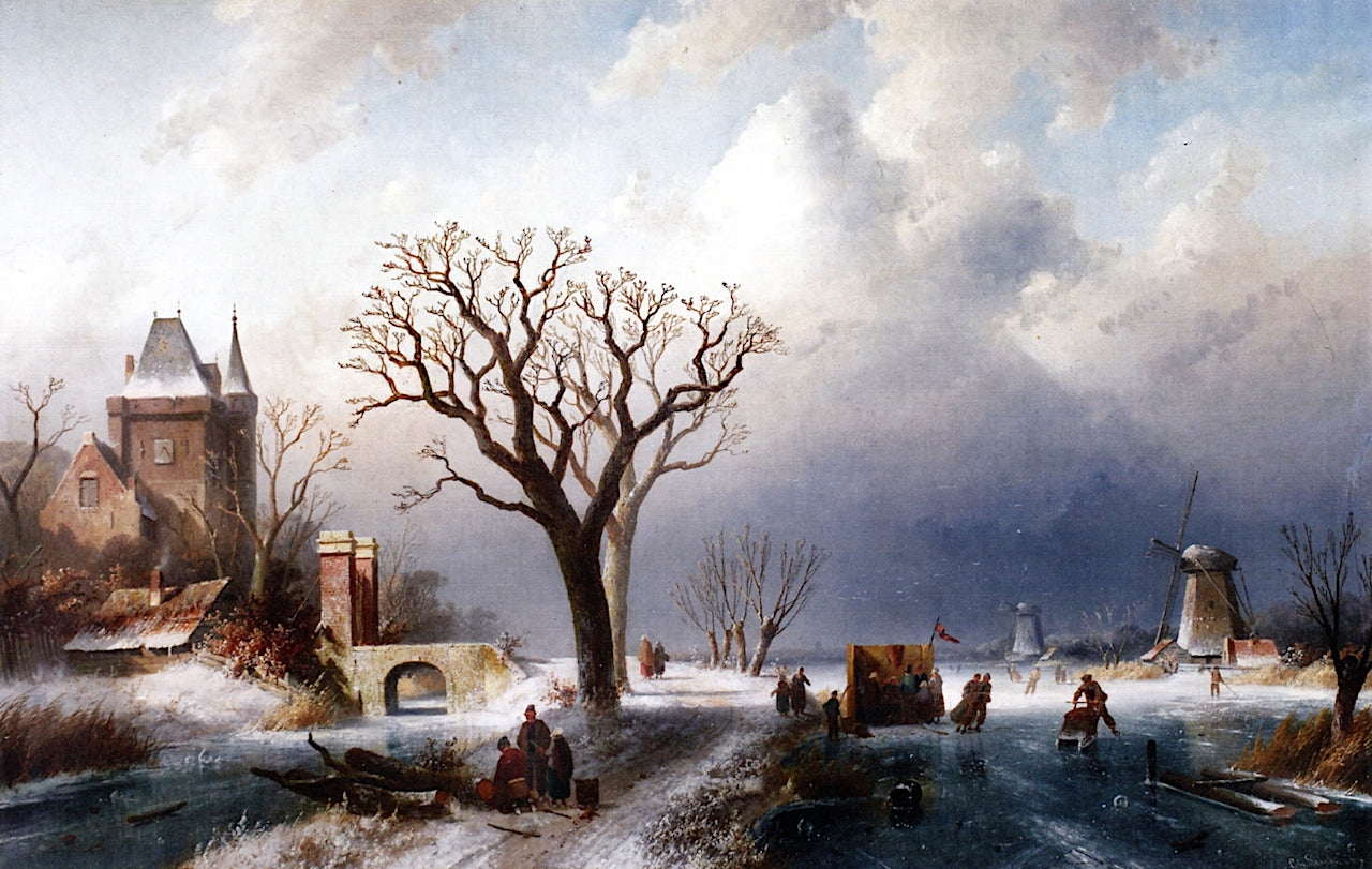 A Bustling Day on a Frozen River with a Koek-en-zopie, vintage artwork by Charles Henri Joseph Leickert, A3 (16x12") Poster Print