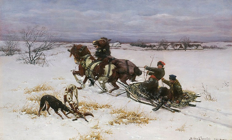 Hunting with greyhounds, vintage artwork by Bohdan Kleczyński, 12x8" (A4) Poster