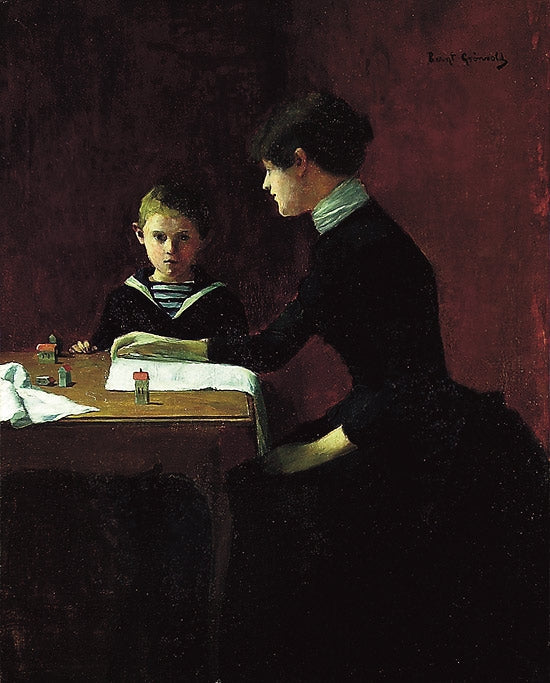 Woman and boy in interior, vintage artwork by Bernt Gronvold, 12x8" (A4) Poster