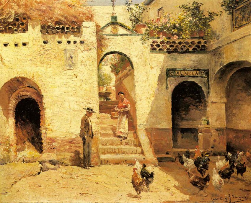 Feeding Poultry in a Courtyard by Manuel Garcia y Rodriguez,A3(16x12")Poster