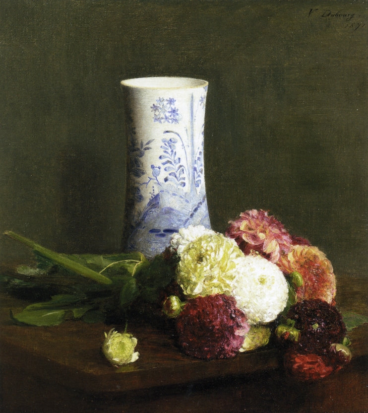 Vase of Zinias, vintage artwork by Victoria Fantin-Latour, 12x8" (A4) Poster