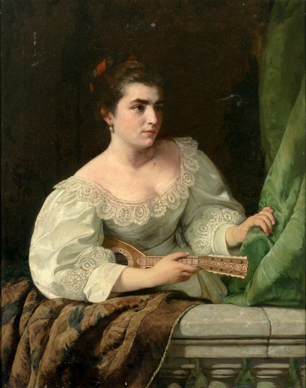Portrait einer jungen Frau mit mandoline, vintage artwork by Pauline Soltau, 12x8" (A4) Poster