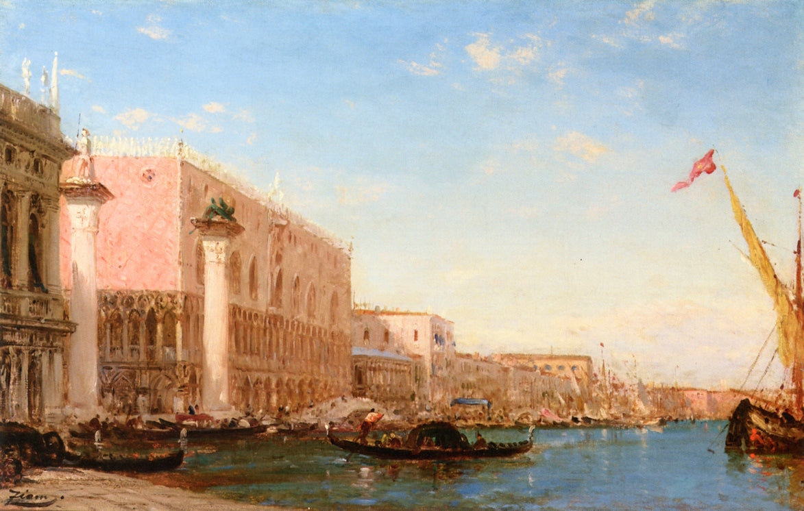 Gondolas at the Doge's Palace, Venice, vintage artwork by Felix-Francois-Georges-Philbert Ziem, 12x8" (A4) Poster