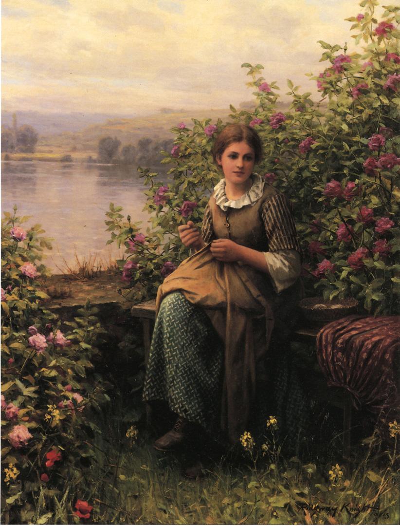Mending, vintage artwork by Daniel Ridgway Knight, 12x8" (A4) Poster