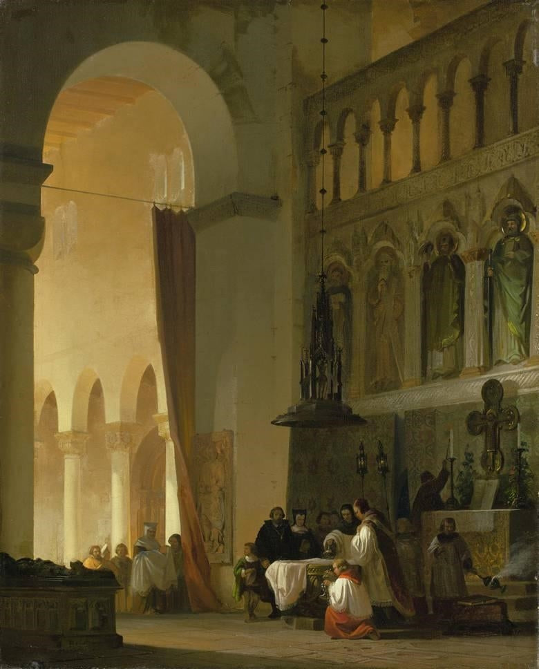 Baptism in a Neo-Romanesque Chapel, vintage artwork by Friedrich Carl Mayer, 12x8" (A4) Poster